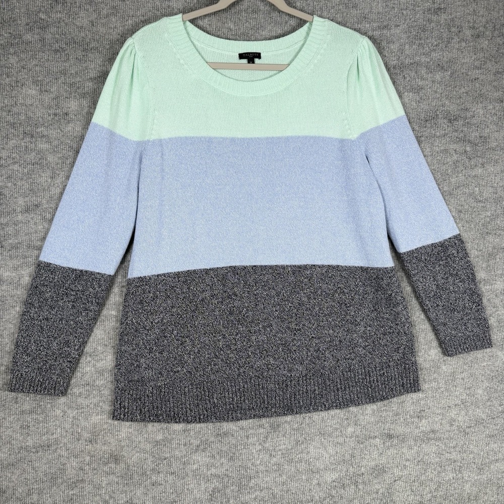 Talbots Size-XL-1X Women's Green Blue & Gray Colorblock Knit Sweater Pima Cotton